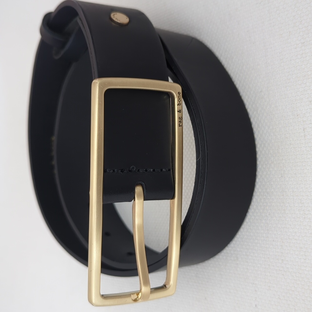 Rag & Bone Rebound Black Leather Belt with Gold Rectangular Buckle